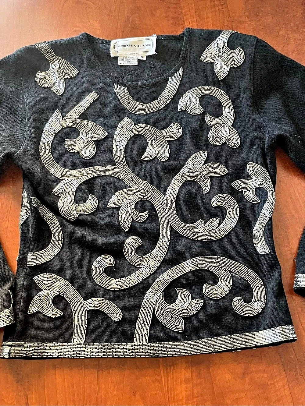 Vintage Beaded Black Wool Sweater Small Adrienne Vittadini Gorgeous